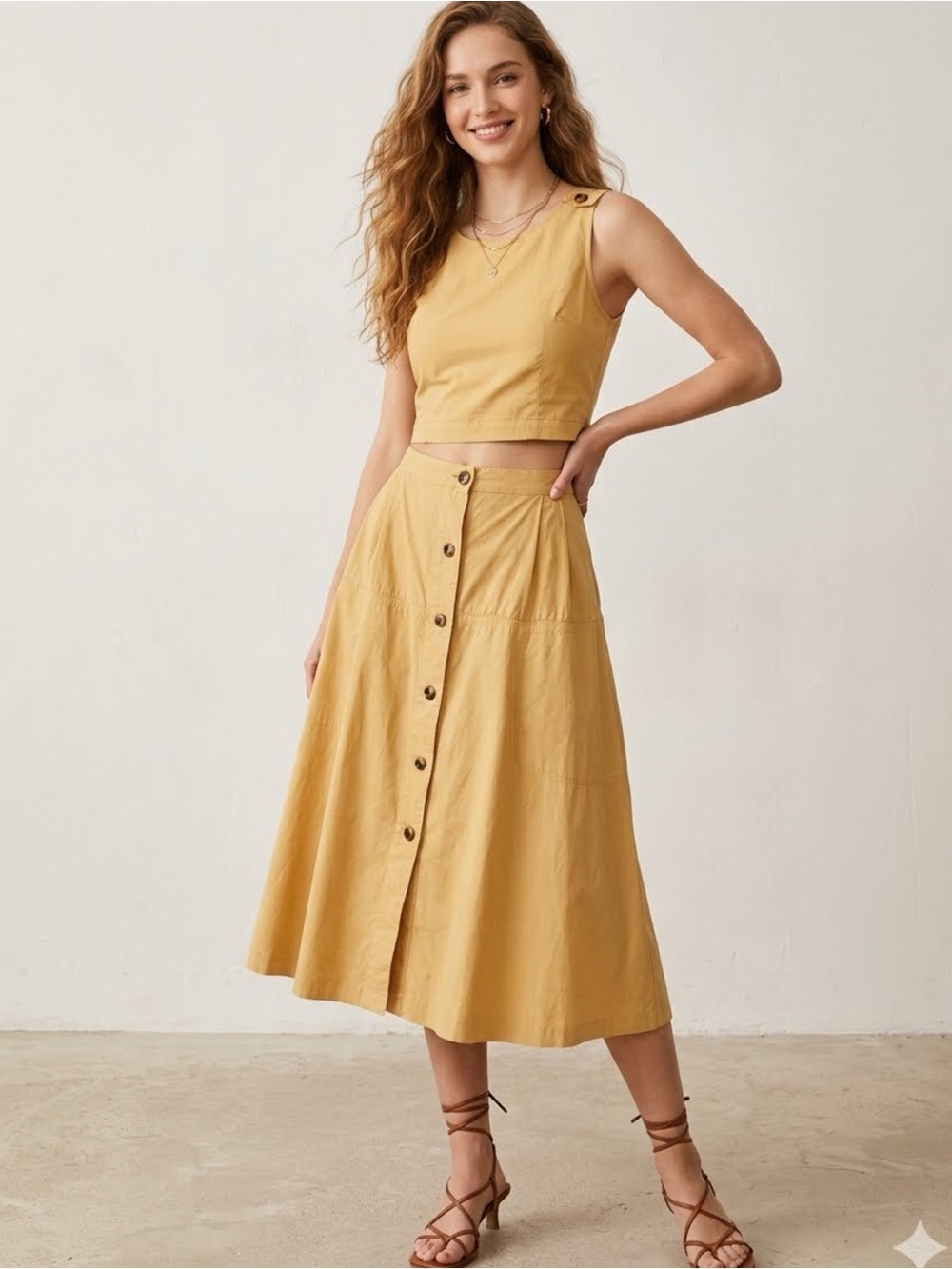 VINTAGE Liliane Burty Paris Button-Front Midi Skirt Mustard Yellow Cotton 36/XS